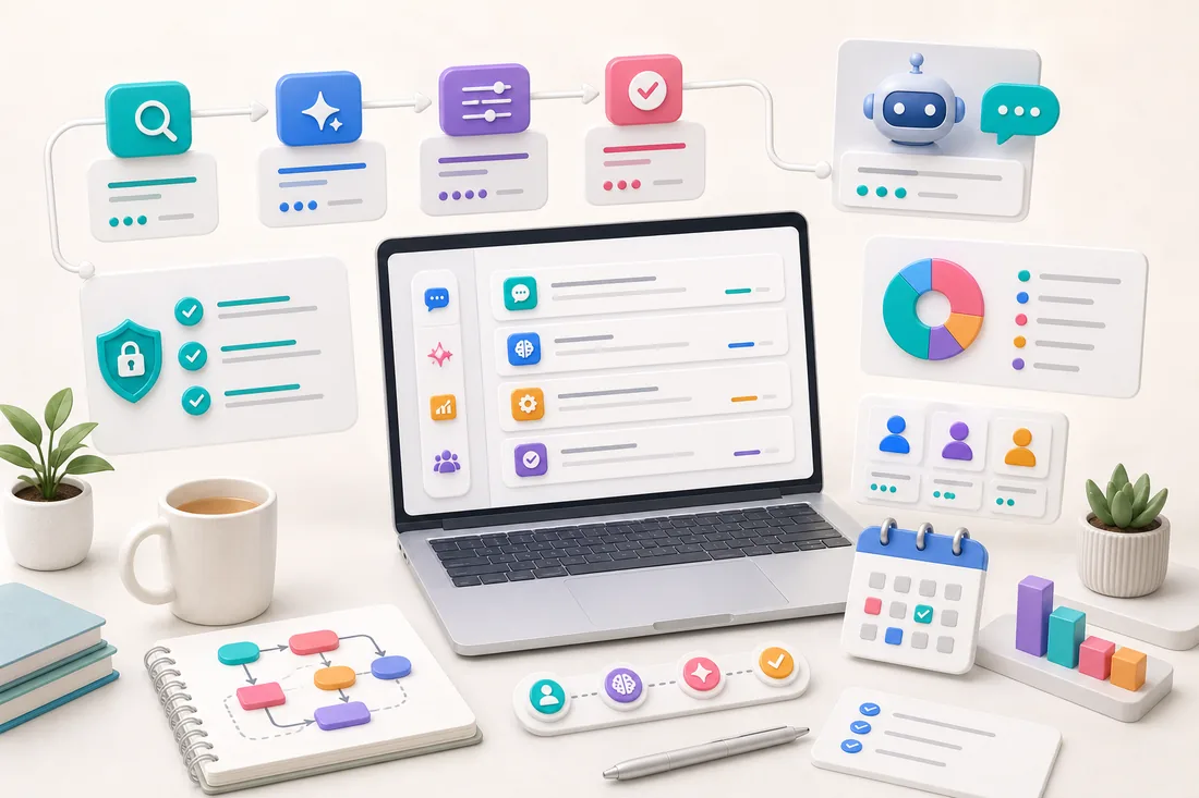 AI guide workflow with checklist cards, prompts, and task planning