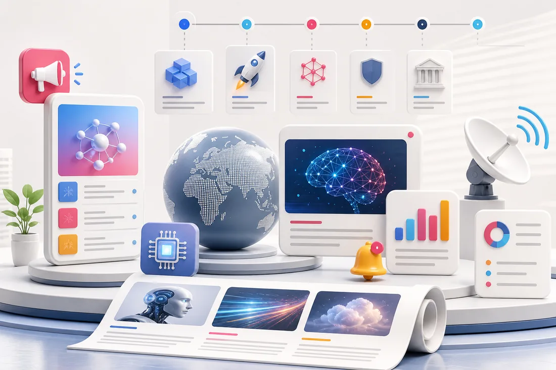AI news updates shown as organized alerts, model releases, and policy panels
