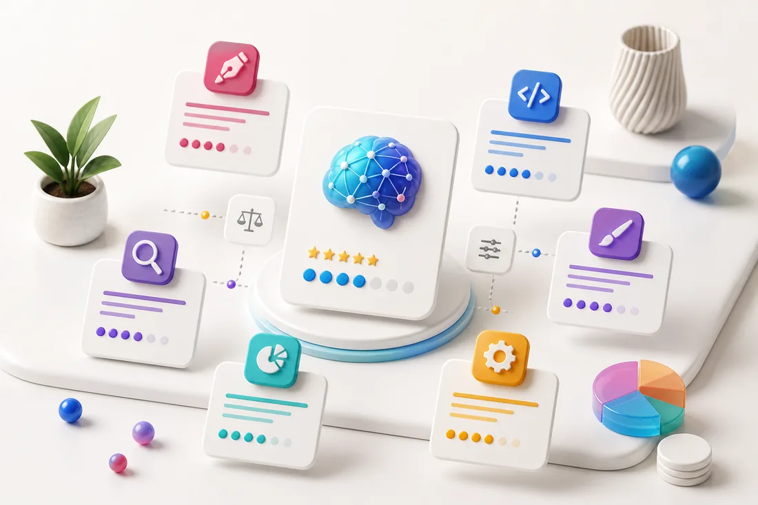 Curated AI tools represented by floating cards and charts